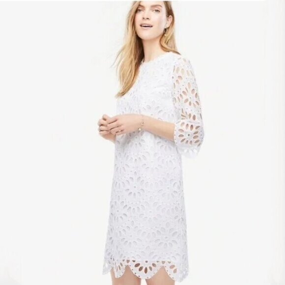 Ann Taylor Scallop Eyelet Shift Dress White Size 6 - Picture 1 of 14
